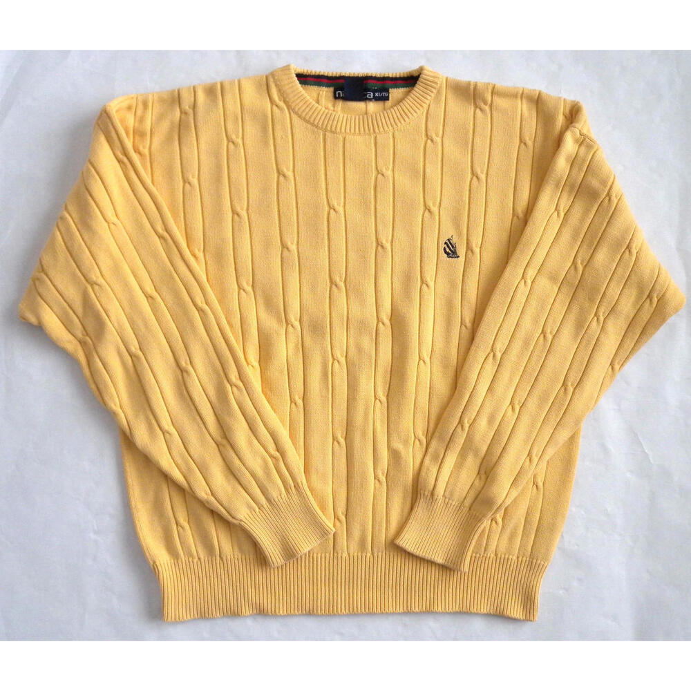 Nautica Sweater Mens Cable Knit Yellow Crewneck Holiday Pullover Cotton XL Vtg.